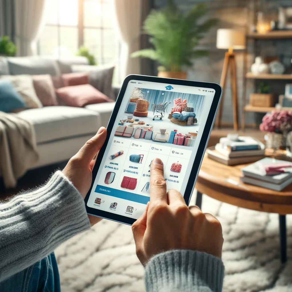 a close-up of hands holding a tablet with an ecommerce site, set against the backdrop of a cozy, modern living room. The setting is illuminated with natural light, enhancing the comfort and convenience of shopping from home