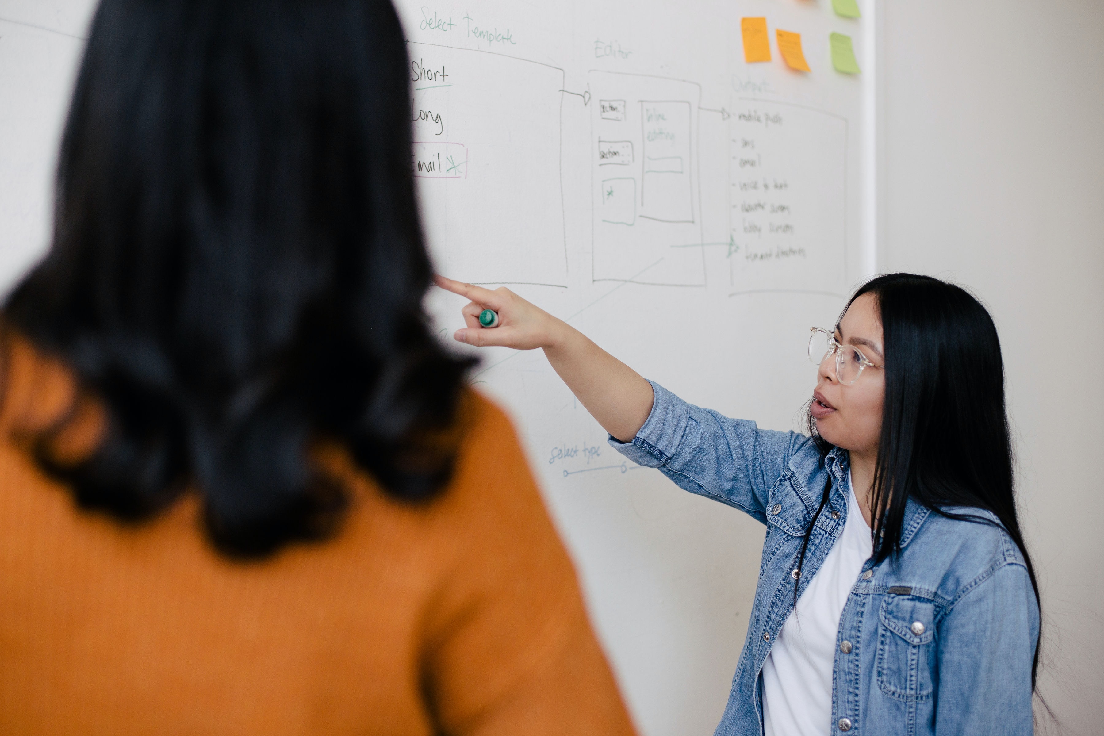 Two co workers stood in front of a white board