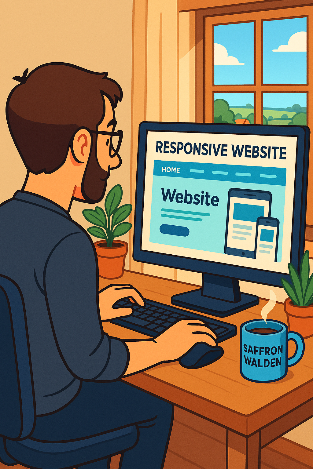 Man working on a website in an animated style.